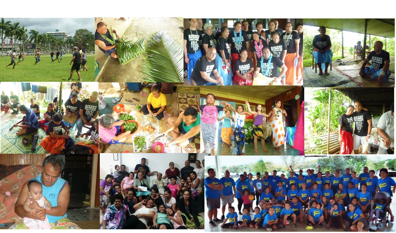 A collage of photos of the Aisake family together: playing rugby, weaving palm leaves, cooking, dancing and gathering in matching family T-shirts